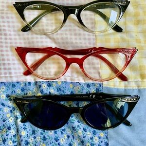 Reading Glasses Set of 3–Black, Red, and Black Sunglasses—+1.75